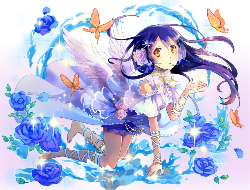 1girl bangs bare_shoulders barefoot blue_hair blush butterfly commentary eyebrows_visible_through_hair feathered_wings flower hair_flower hair_ornament highres long_hair looking_at_viewer love_live! love_live!_school_idol_festival love_live!_school_idol_project microphone open_mouth ribbon sd_pink sleeveless solo sonoda_umi water white_wings wings x_hair_ornament yellow_eyes
