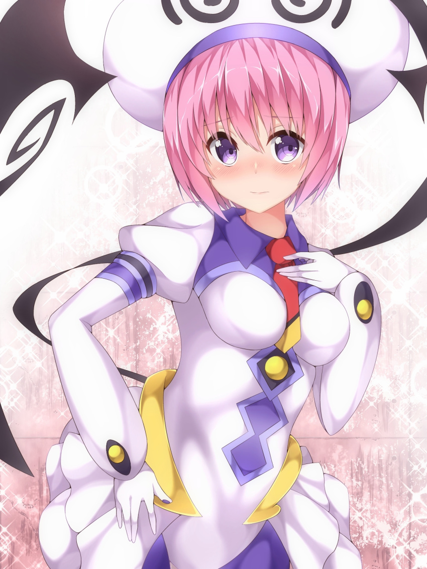 1girl alternate_hair_color blush bodysuit commentary_request cosplay gloves hand_on_own_chest hat highres lala_satalin_deviluke lala_satalin_deviluke_(cosplay) looking_at_viewer necktie pink_hair sairenji_haruna shinki_(user_srrn2727) short_hair short_necktie solo to_love-ru violet_eyes white_gloves wings