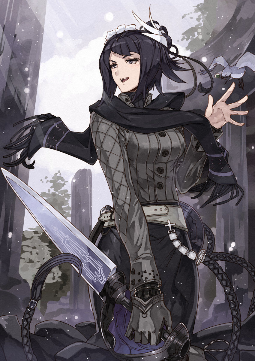 1girl :d absurdres belt black_eyes black_gloves black_hair breasts flower gloves hair_flower hair_ornament highres holding holding_sword holding_weapon kanmiya_shinobu long_hair manamia_(the_last_story) open_mouth scarf single_glove skirt smile snow snowing solo sword teeth the_last_story weapon winter_clothes