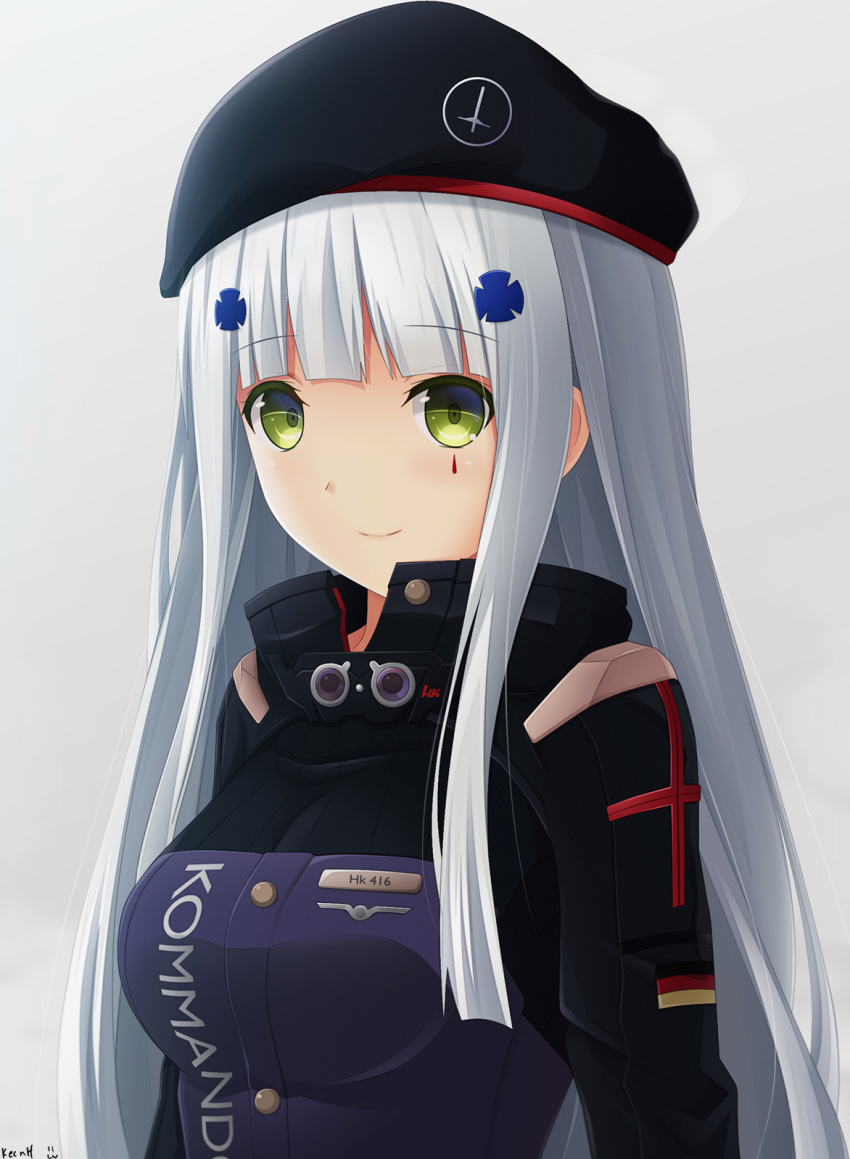 1girl blush breasts character_name closed_mouth clothes_writing eyebrows_visible_through_hair facial_mark german_flag girls_frontline green_eyes grey_hair hat highres hk416_(girls_frontline) keenh long_hair looking_at_viewer medium_breasts military military_uniform sidelocks simple_background smile solo straight_hair uniform upper_body very_long_hair white_background