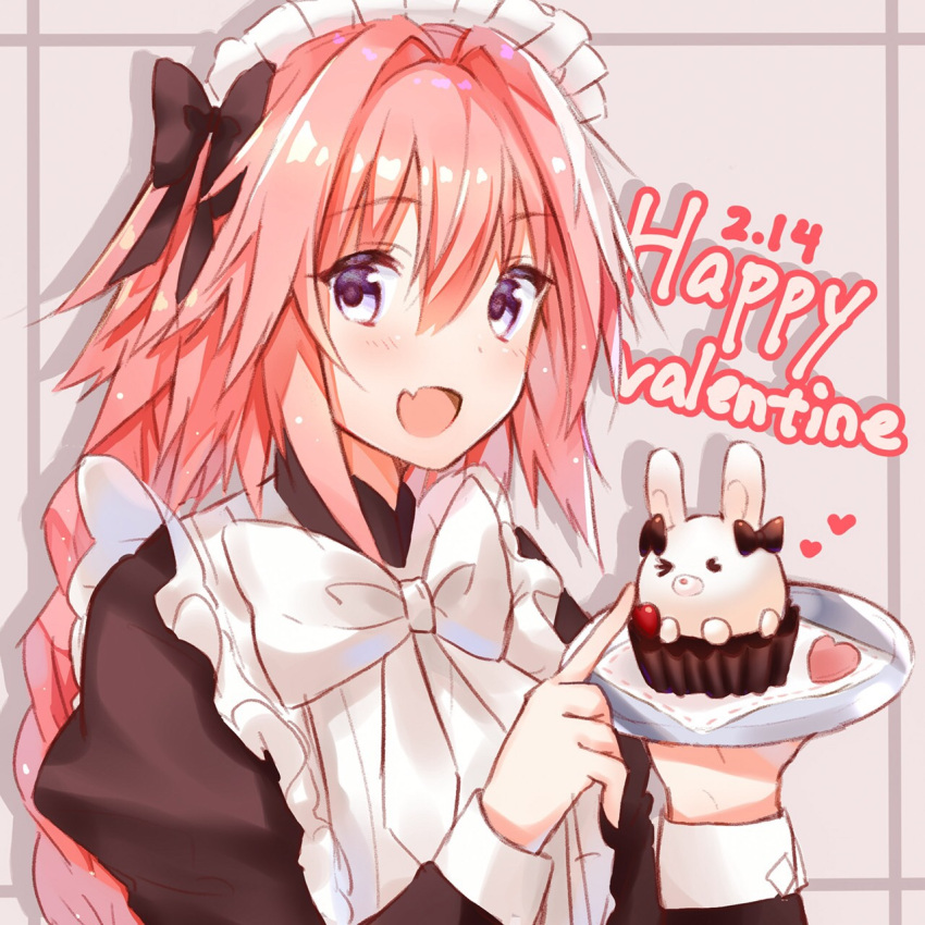 &gt;_o 1boy :d alternate_costume apron astolfo_(fate) black_bow blush bow bowtie braid djchanmio enmaided eyebrows_visible_through_hair fate/apocrypha fate_(series) hair_between_eyes hair_bow happy_valentine heart highres holding holding_plate index_finger_raised juliet_sleeves long_hair long_sleeves looking_at_viewer maid maid_headdress male_focus one_eye_closed open_mouth pink_hair plate poking puffy_sleeves rabbit shiny shiny_hair single_braid smile solo trap very_long_hair violet_eyes white_apron white_bow white_neckwear