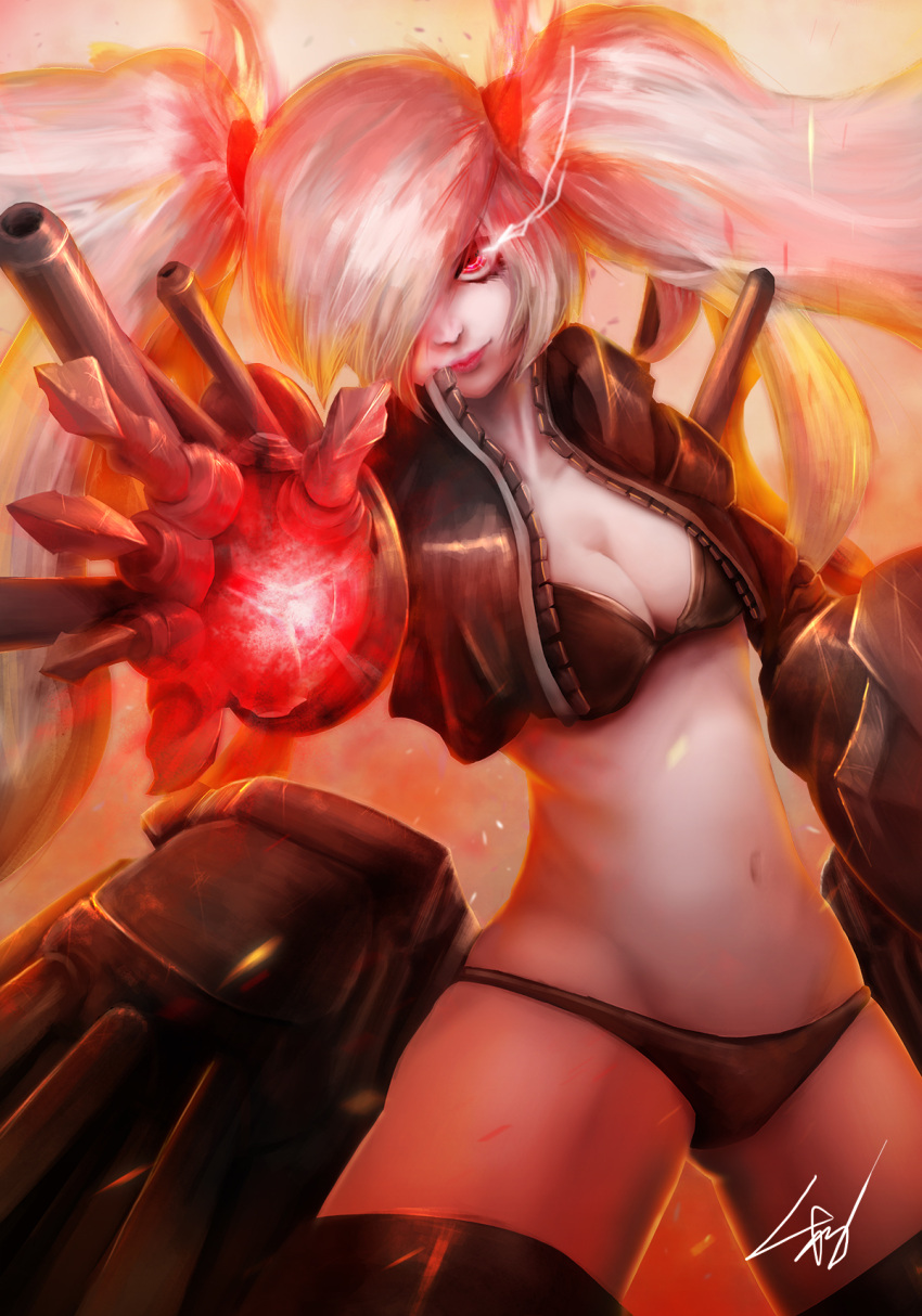 1girl bikini bikini_under_clothes black_bikini black_jacket black_legwear breasts burning_hair_ties claws cleavage closed_mouth cowboy_shot cropped_jacket energy gauntlets glowing gohoucha hair_over_one_eye highres jacket kantai_collection leaning leather leather_jacket lips lipstick long_hair looking_at_viewer makeup mechanical_arms navel realistic red_eyes rigging shinkaisei-kan solo southern_ocean_war_oni swimsuit thigh-highs turrets twintails very_long_hair white_hair