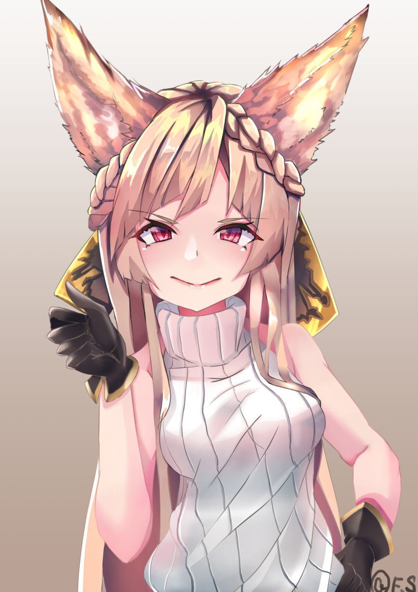 1girl :&gt; absurdres animal_ears bangs bare_arms bare_shoulders braid breasts brown_hair closed_mouth crown_braid erune eyebrows_visible_through_hair eyelashes eyes_visible_through_hair granblue_fantasy grey_background hand_on_hip hand_up highres long_hair looking_at_viewer medium_breasts parted_bangs red_eyes ribbed_sweater silver_(suwakosuwako) simple_background sleeveless slit_pupils smile solo sweater turtleneck turtleneck_sweater upper_body v-shaped_eyebrows white_sweater yuisis_(granblue_fantasy)