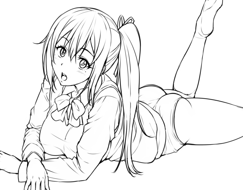 1girl ass breasts buruma greyscale hair_between_eyes hair_ribbon kawakami_mai large_breasts lineart looking_at_viewer lying mole mole_under_eye monochrome musaigen_no_phantom_world nigou on_stomach open_mouth ribbon school_uniform side_ponytail simple_background solo white_background