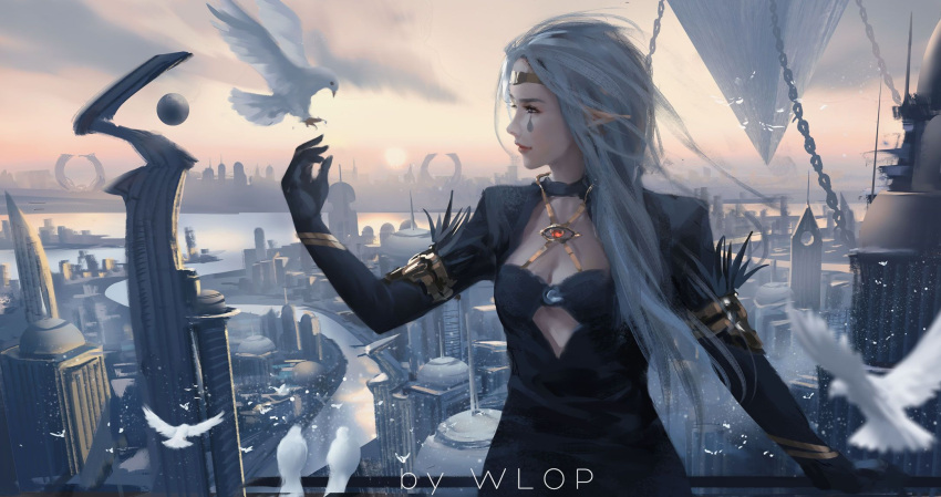 1girl arch artist_name bird breasts building chains circlet cleavage clouds dove elf facial_mark feather_trim floating flying highres landing long_hair medium_breasts original pointy_ears profile silver_hair sky skyscraper sunset wind wings wlop