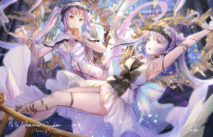 2girls :d arm_up armpits breasts brown_eyes character_name cleavage copyright_name day dress euryale fate/apocrypha fate_(series) floating_hair hairband jewelry koroneko_p0w0q lolita_hairband long_hair multiple_girls necklace open_mouth pink_hair siblings sideboob signature sisters small_breasts smile stheno twintails very_long_hair white_dress