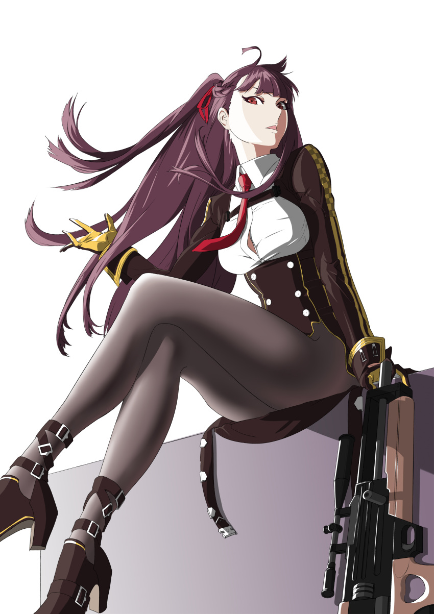 1girl absurdres bangs bipod black_footwear black_legwear blazer blush breasts bullpup buttons collared_shirt eyebrows_visible_through_hair floating_hair framed_breasts from_below girls_frontline gloves gun hair_between_eyes hair_ribbon half-pencil half_updo hand_up high_heels highres jacket large_breasts legs_crossed long_hair looking_at_viewer necktie one_side_up open_mouth pantyhose purple_hair red_eyes red_neckwear ribbon rifle shirt shoe_strap shoes sidelocks simple_background sitting skirt sniper_rifle solo thighs tsurime very_long_hair wa2000_(girls_frontline) walther walther_wa_2000 weapon white_background white_shirt wind wind_lift