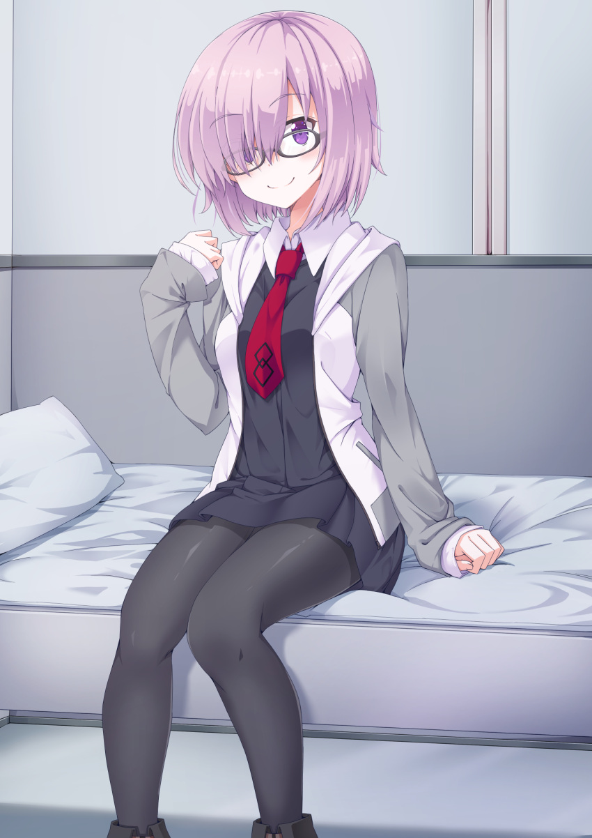 1girl bangs bed black-framed_eyewear black_dress black_legwear blush closed_mouth collared_dress commentary_request dress eyebrows_visible_through_hair eyes_visible_through_hair fate/grand_order fate_(series) glasses grey_hoodie hair_over_one_eye head_tilt highres hood hood_down hoodie long_sleeves looking_at_viewer mash_kyrielight necktie open_clothes open_hoodie pantyhose pillow pink_hair pleated_dress red_neckwear shefu shielder_(fate/grand_order) sitting sleeves_past_wrists smile solo violet_eyes