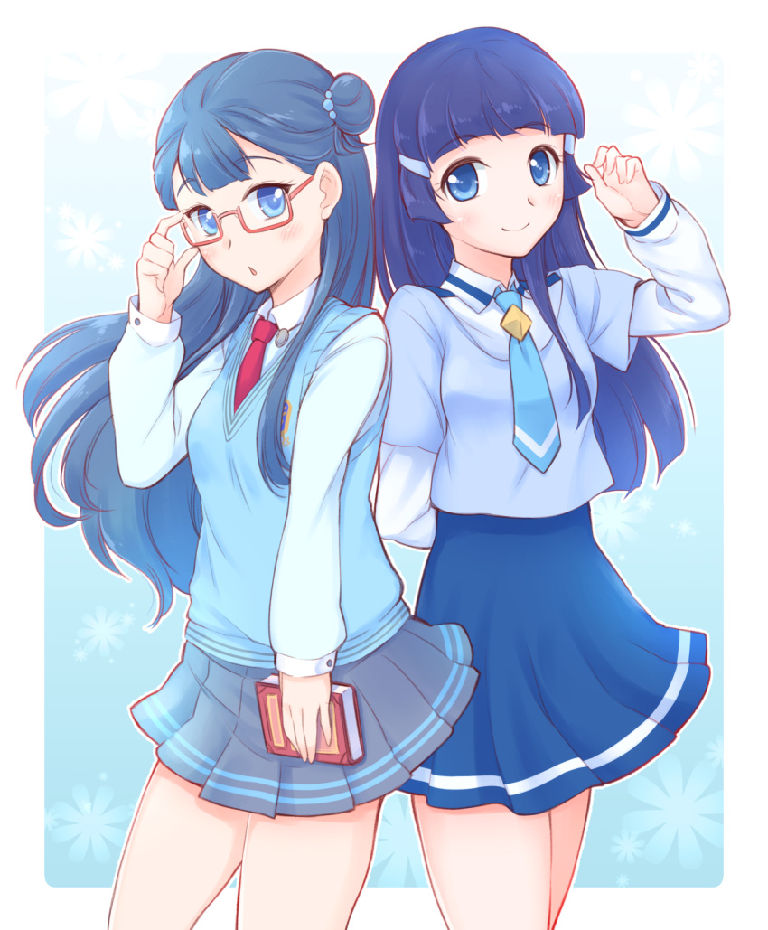 2girls aoki_reika arakawa_tarou bangs blue_dress blue_eyes blue_hair blue_neckwear blunt_bangs book chestnut_mouth closed_mouth color_connection cowboy_shot dress grey_skirt hair_bun hair_ornament hairclip highres holding holding_book hugtto!_precure l'avenir_academy_school_uniform long_hair looking_at_viewer multiple_girls nanairogaoka_middle_school_uniform necktie precure red_neckwear skirt smile smile_precure! sweater_vest trait_connection yakushiji_saaya