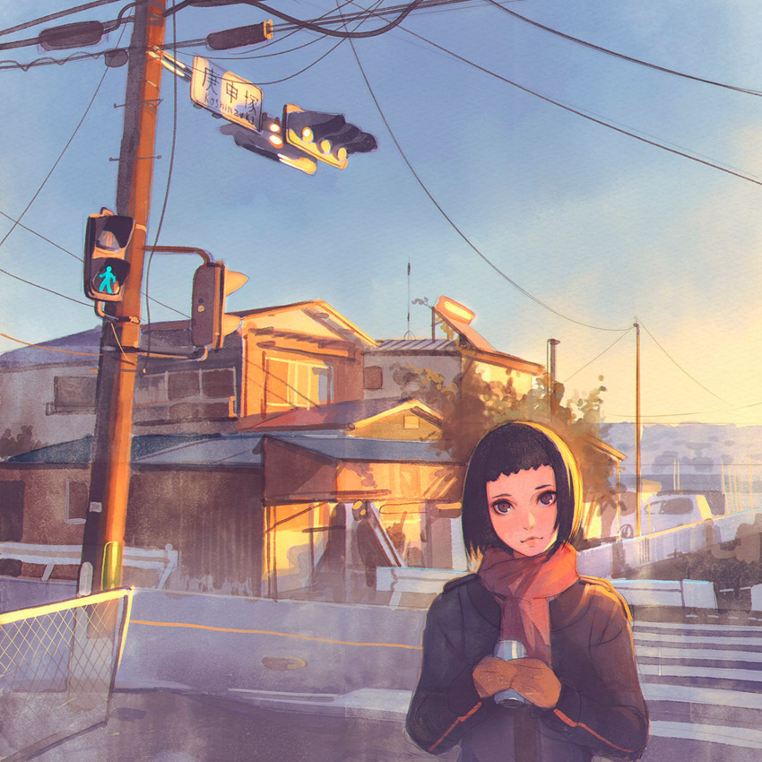 1girl antennae bangs blue_sky brown_eyes brown_gloves brown_hair building can car chain-link_fence coat conductor crosswalk day fence gloves ground_vehicle head_tilt highres house ilya_kuvshinov looking_at_viewer manhole manhole_cover motor_vehicle original outdoors pedestrian_lights plant pole real_world_location red_scarf road road_sign scarf short_hair sign sky soda_can solo street traffic_light tree upper_body winter_clothes winter_coat