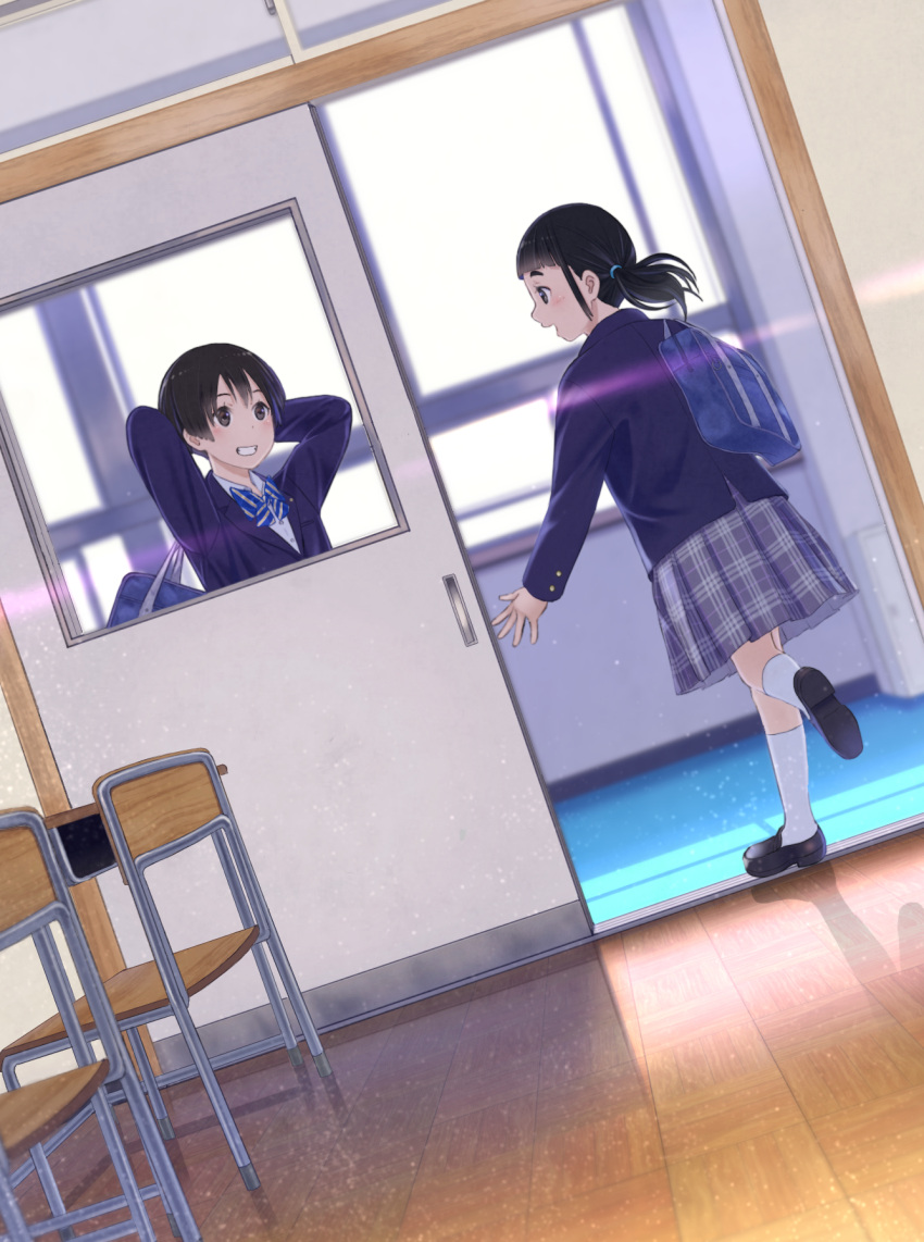 2girls black_eyes black_hair bow chair classroom desk highres indoors multiple_girls open_mouth original school_desk school_uniform short_hair smile taka_(tsmix) teeth