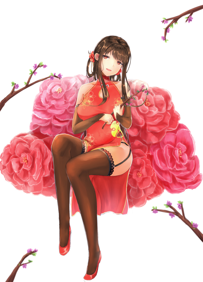 1girl absurdres alternate_costume bangs bare_shoulders black_panties blunt_bangs breasts bridal_gauntlets brown_hair brown_legwear china_dress chinese_clothes cleavage cleavage_cutout collarbone dress dsr-50_(girls_frontline) eyebrows_visible_through_hair flower girls_frontline hair_flower hair_ornament half-closed_eyes hand_on_leg head_tilt highres holding_branch lace lace-trimmed_thighhighs large_breasts legs_crossed long_hair looking_at_viewer open_mouth panties red_dress red_eyes red_footwear satsuki shoes side_slit sidelocks simple_background sitting smile solo studs thigh-highs thighs underwear white_background