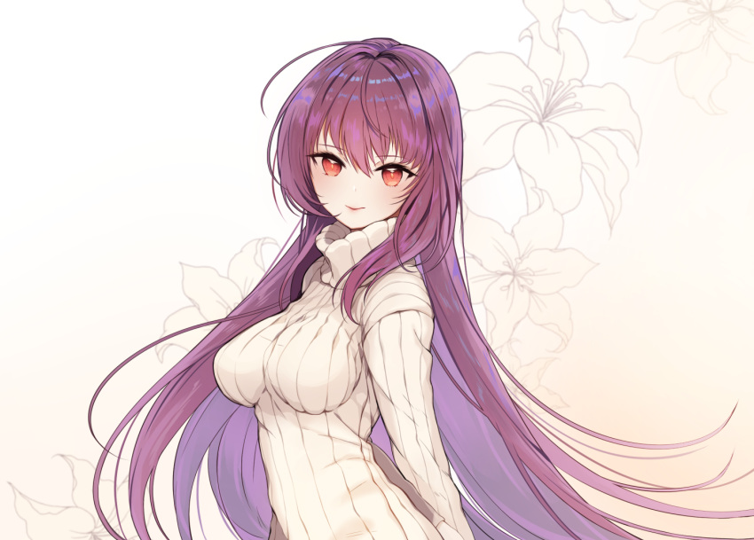 1girl ahoge alternate_costume arms_behind_back breasts closed_mouth fate/grand_order fate_(series) floral_background laurelfalcon long_hair long_sleeves looking_at_viewer medium_breasts purple_hair red_eyes scathach_(fate/grand_order) smile solo straight_hair sweater turtleneck turtleneck_sweater upper_body very_long_hair white_sweater