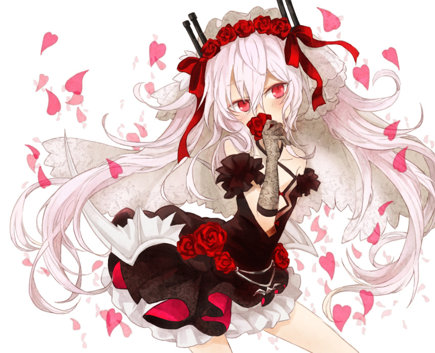 1girl azur_lane bangs bare_shoulders black_dress blush bow commentary_request covered_mouth criss-cross_halter dress elbow_gloves eyebrows_visible_through_hair flower gloves hair_between_eyes hair_bow hair_flower hair_ornament halterneck head_tilt heart holding holding_flower lace lace_gloves long_hair looking_at_viewer masunosushi petals red_bow red_eyes red_flower red_rose rose short_dress sidelocks silver_hair simple_background solo twintails vampire_(azur_lane) veil very_long_hair white_background