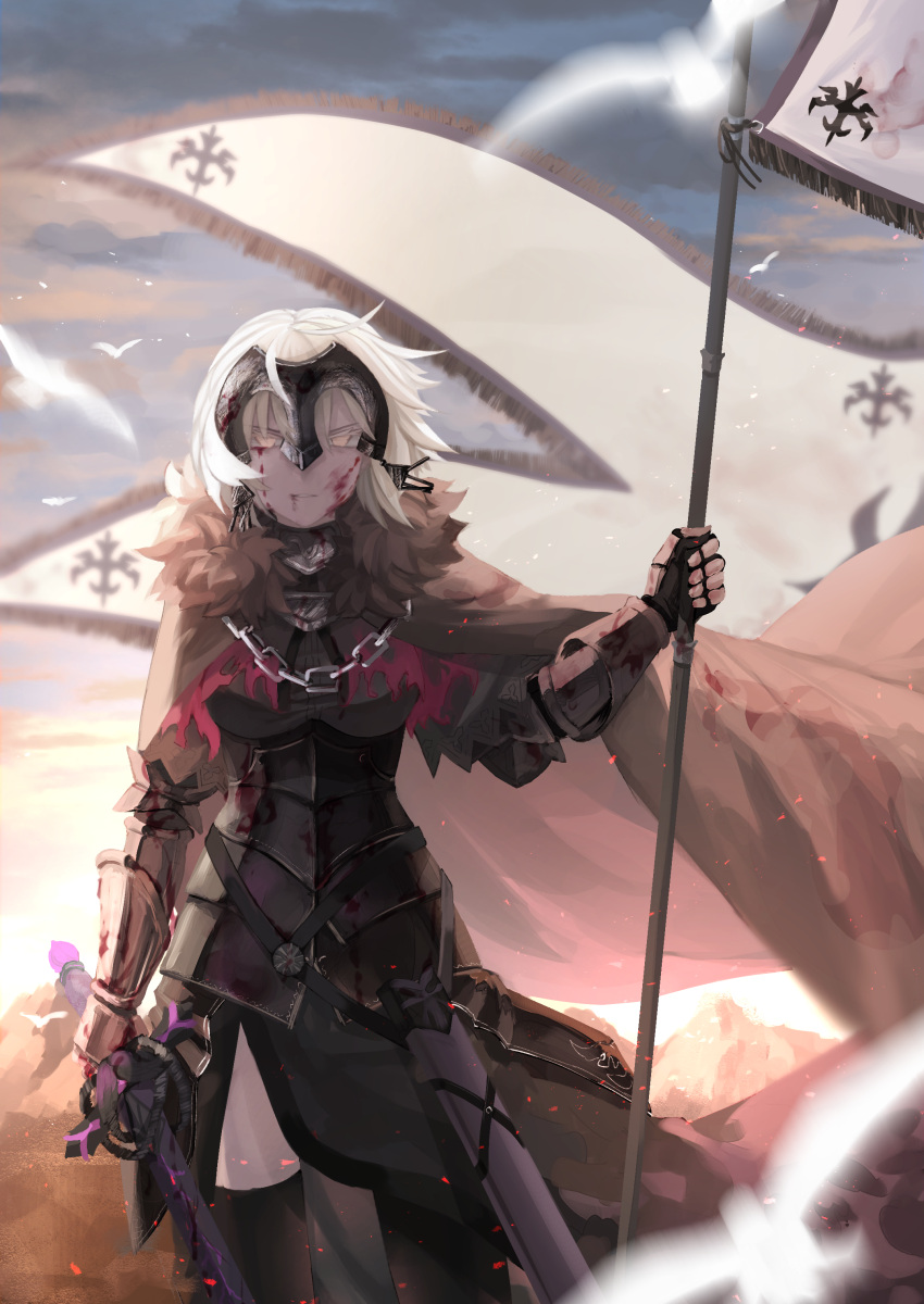 1girl absurdres armor armored_dress banner bird black_dress black_legwear blood blood_on_face cape chains dress fate/grand_order fate_(series) fur_trim highres holding holding_sword holding_weapon jeanne_d'arc_(alter)_(fate) jeanne_d'arc_(fate)_(all) looking_at_viewer mgr1219 outdoors sheath short_hair silver_hair solo standing sword thigh-highs unsheathed weapon yellow_eyes