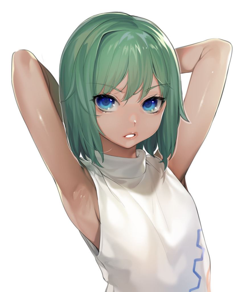 1girl absurdres armpits arms_behind_head arms_up bangs bare_arms bare_shoulders blue_eyes dark_skin eyebrows_visible_through_hair green_hair highres looking_at_viewer ohisashiburi original parted_lips short_hair simple_background sleeveless solo teeth upper_body white_background