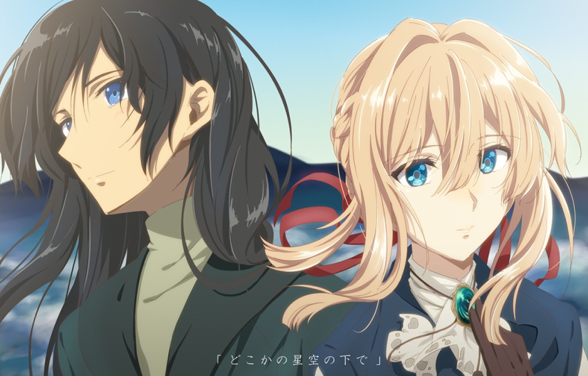 1girl bangs black_hair blonde_hair blue_eyes blue_jacket braid character_request commentary_request dress eyebrows_visible_through_hair face hair_between_eyes hair_intakes hair_ribbon jacket jewelry long_hair long_sleeves pochi-a red_ribbon ribbon translation_request upper_body violet_evergarden violet_evergarden_(character)