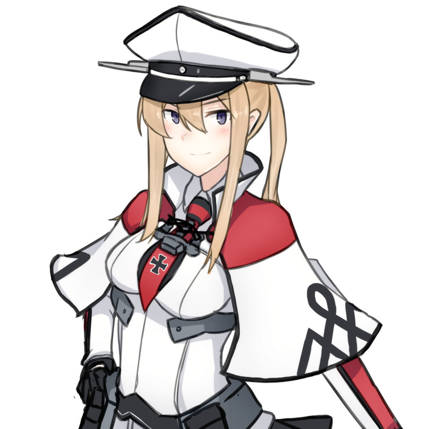 1girl black_gloves blonde_hair breasts capelet cross gloves graf_zeppelin_(kantai_collection) grey_eyes hair_between_eyes hat highres impossible_clothes kantai_collection looking_at_viewer medium_breasts necktie peaked_cap sidelocks simple_background smile solo twintails upper_body white_background yuubokumin