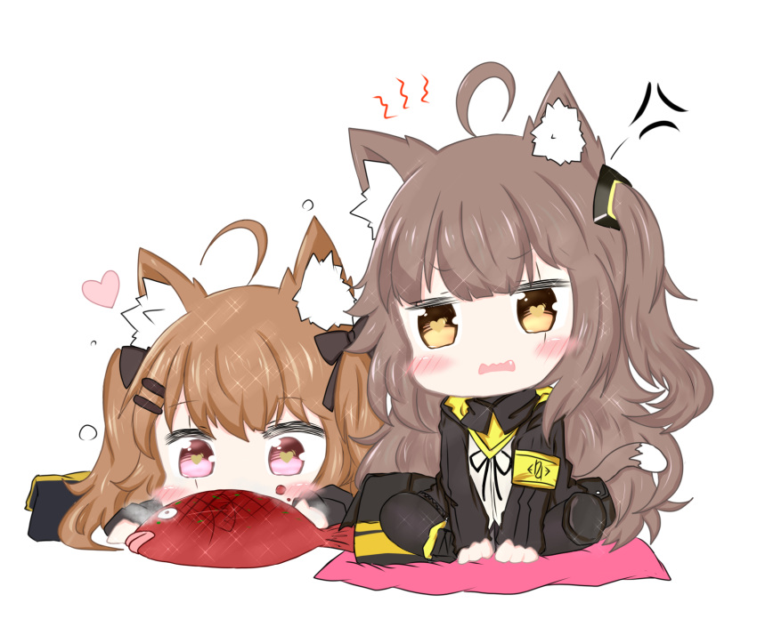 2girls ahoge anger_vein animal animal_ears arm_support armband bailingxiao_jiu bangs black_bow black_jacket black_legwear blush bow brown_eyes brown_hair cat_ears cat_girl cat_tail commentary_request eyebrows_visible_through_hair fang fish girls_frontline hair_between_eyes hair_bow hair_ornament hairclip head_tilt heart highres jacket kemonomimi_mode long_hair long_sleeves looking_at_viewer lying multiple_girls on_stomach one_side_up open_clothes open_jacket pantyhose parted_lips scar scar_across_eye shirt sitting tail twintails ump45_(girls_frontline) ump9_(girls_frontline) very_long_hair violet_eyes wavy_mouth white_background white_shirt zabuton