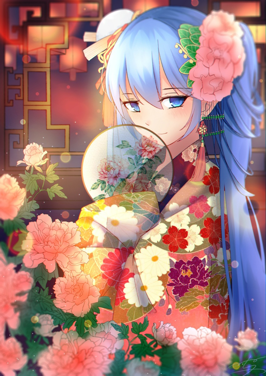 1girl absurdres blue_eyes blue_hair eyebrows_visible_through_hair flower hair_flower hair_ornament hatsune_miku highres japanese_clothes kimono lens_flare long_hair looking_at_viewer menghuan_tian pink_flower smile solo twintails upper_body very_long_hair vocaloid