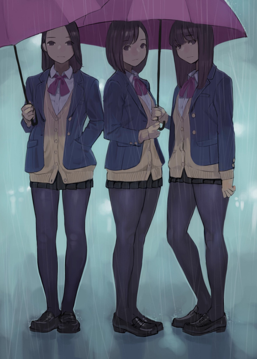 3girls arm_at_side bangs black_footwear black_skirt blazer blue_jacket blunt_bangs brown_eyes brown_hair closed_mouth collared_shirt expressionless forehead full_body gloves hand_in_pocket highres holding holding_umbrella jacket legs loafers long_hair long_sleeves looking_at_viewer miniskirt multiple_girls neck_ribbon open_blazer open_clothes open_jacket original pantyhose pleated_skirt pocket purple_neckwear purple_ribbon rain revision ribbon school_uniform shirt shoes short_hair skirt standing umbrella unbuttoned water wing_collar yellow_gloves yomu_(sgt_epper)
