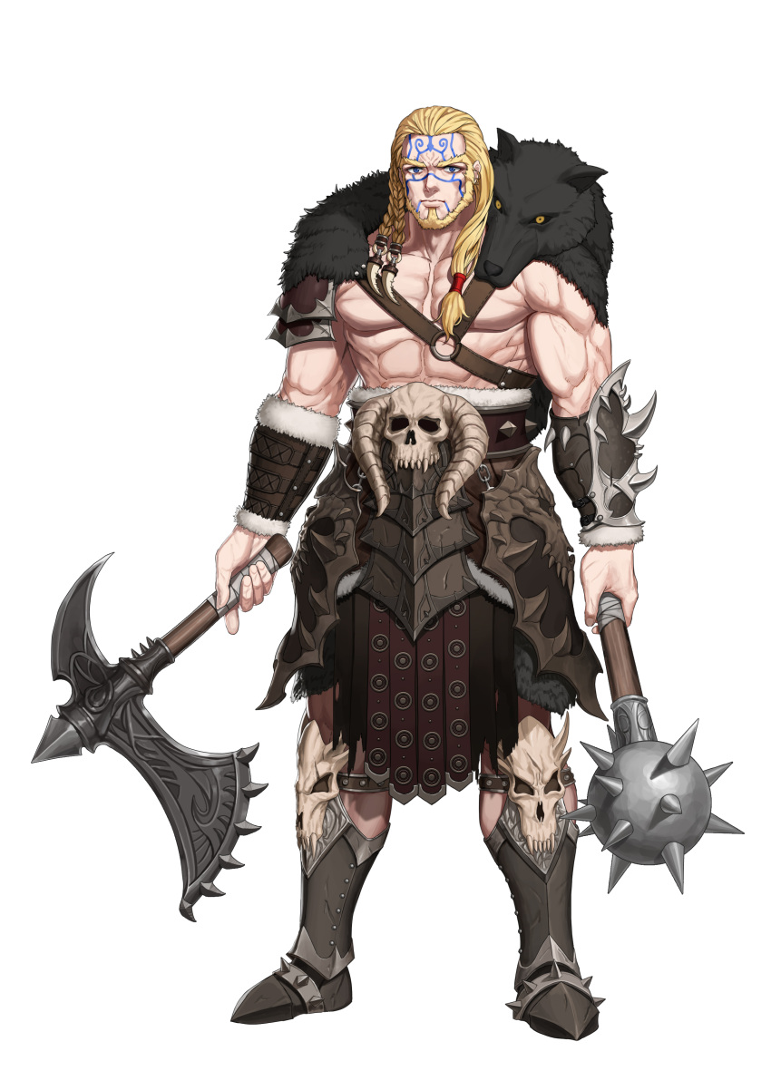 1boy abs absurdres armor armored_boots axe battle_axe beard blonde_hair blue_eyes boots bracer braid closed_mouth dual_wielding ear_piercing expressionless facial_hair facial_tattoo faulds fingernails full_body fur_trim greem_bang hair_ornament hair_over_shoulder highres holding holding_axe holding_weapon horns knee_boots long_hair looking_at_viewer mace male_focus muscle o-ring original pelt piercing shorts simple_background single_spaulder skull solo spaulders spiked_mace spikes standing tattoo warrior weapon white_background