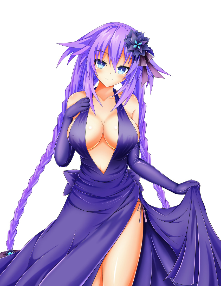 1girl absurdres bare_shoulders blue_eyes blush braid breasts commentary_request dress dress_pull elbow_gloves flower gloves hair_flower hair_ornament highres kyou large_breasts long_hair looking_at_viewer neptune_(series) power_symbol purple_dress purple_gloves purple_hair purple_heart side_slit simple_background smile solo string_panties symbol-shaped_pupils twin_braids twintails very_long_hair white_background