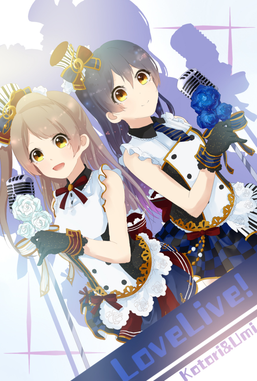 2girls bangs black_gloves blue_hair cafe_maid character_name checkered checkered_skirt commentary_request flower gloves grey_hair hair_between_eyes hat highres long_hair looking_at_viewer love_live! love_live!_school_idol_festival love_live!_school_idol_project microphone microphone_stand minami_kotori mini_hat multiple_girls one_side_up open_mouth skirt sleeveless smile sonoda_umi top_hat treble_clef tsuki_yue-shushushu yellow_eyes