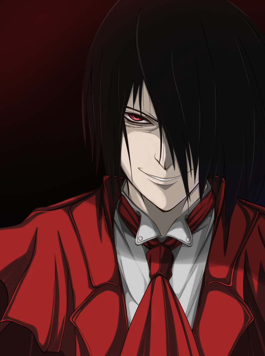 1boy absurdres alucard_(hellsing) black_hair bullseye1203 evil_smile gradient gradient_background hair_over_one_eye hellsing highres looking_at_viewer red_eyes shirt smile solo white_shirt