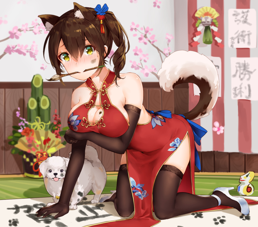 1girl animal animal_ears black_gloves black_legwear blush brown_eyes brown_hair brush china_dress chinese_clothes dog dog_ears dog_tail dress elbow_gloves gloves hair_between_eyes highres kaga_(kantai_collection) kantai_collection mouth_hold red_dress short_hair side_ponytail solo tail thigh-highs yamano_(yamanoh)