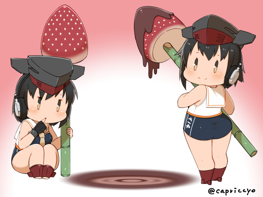 2girls ass asymmetrical_hair bamboo black_hair black_swimsuit brown_eyes capriccyo character_name chocolate commentary_request crop_top fondue food framed_breasts fruit gloves hair_between_eyes headphones highres i-13_(kantai_collection) i-14_(kantai_collection) kantai_collection multiple_girls oversized_object partly_fingerless_gloves pink_background sailor_collar school_swimsuit short_hair simple_background single_glove squatting strawberry swimsuit twitter_username