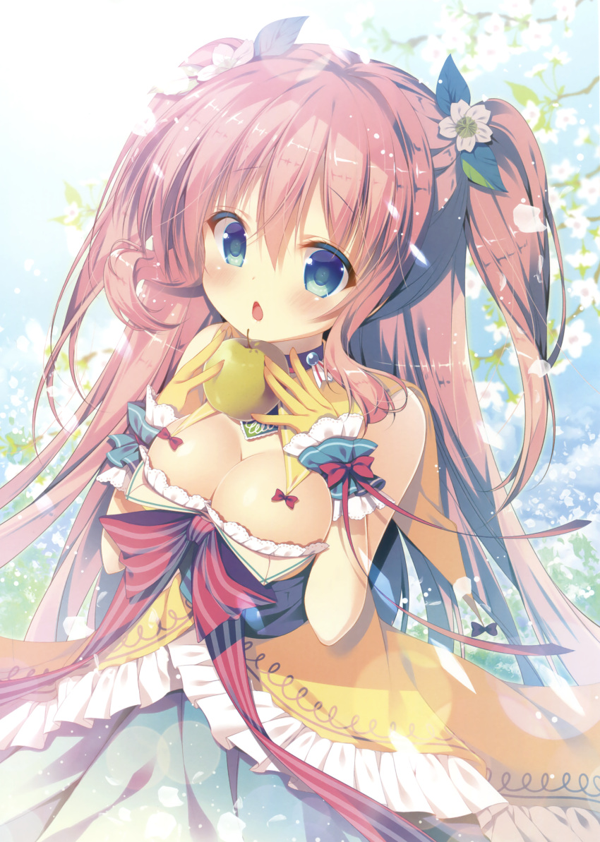 1girl absurdly_long_hair absurdres apple blue_eyes blush bow breasts cleavage eyebrows_visible_through_hair flower food fruit gloves hair_flower hair_ornament highres holding holding_fruit large_breasts leaf_hair_ornament long_hair looking_at_viewer mitsumomo_mamu open_mouth original petals red_bow red_ribbon redhead ribbon scan solo twintails very_long_hair yellow_gloves