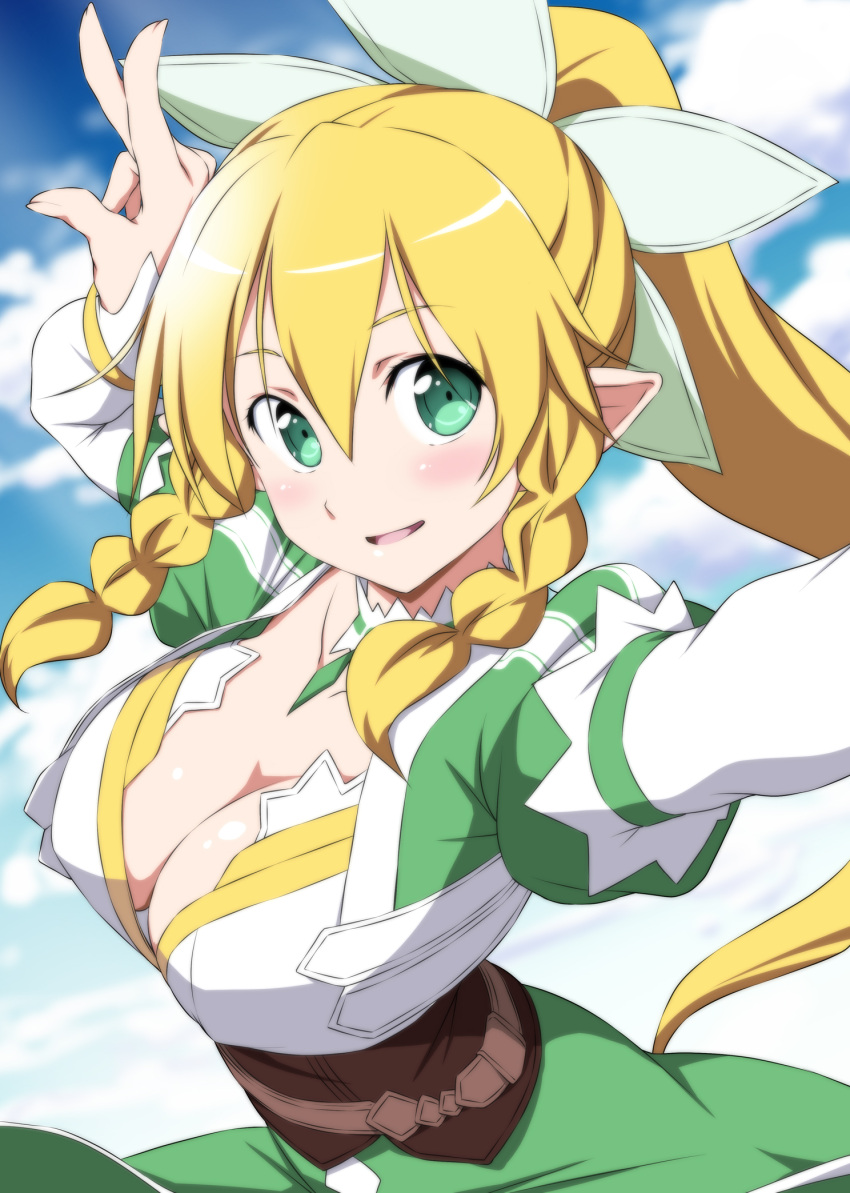 1girl belt blonde_hair blue_sky blush bow braid breasts choker cleavage clouds collarbone commentary_request day dress green_dress green_eyes hair_between_eyes hair_bow hand_up highres juliet_sleeves large_breasts leafa long_sleeves looking_at_viewer nori_tamago parted_lips pointy_ears ponytail puffy_sleeves sky smile solo sword_art_online twin_braids upper_body v white_bow white_choker