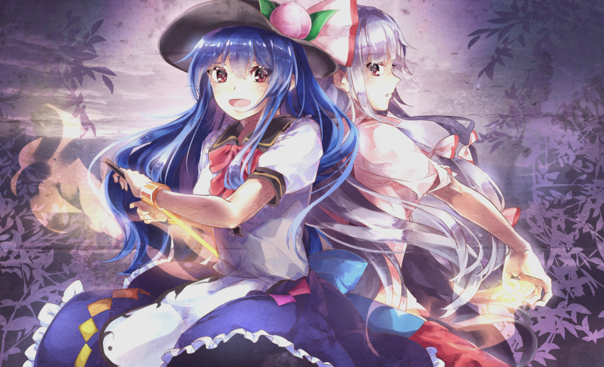 2girls blouse blue_hair blue_skirt bow bracelet commentary_request fire food from_side fruit fujiwara_no_mokou hair_bow hat highres hinanawi_tenshi holding holding_sword holding_weapon jewelry leaf long_hair multiple_girls neck_bow open_mouth pants parted_lips peach petticoat plant profile puffy_short_sleeves puffy_sleeves red_bow red_eyes red_neckwear red_pants shirt shometsu-kei_no_teruru short_sleeves sidelocks silver_hair skirt smile sword sword_of_hisou touhou very_long_hair weapon white_blouse white_bow white_shirt