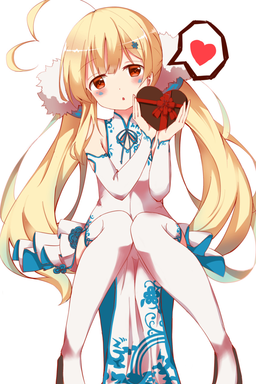 1girl absurdres ahoge azur_lane bangs blonde_hair blush boots bow brown_eyes chocolate chocolate_heart commentary_request detached_sleeves dress eldridge_(azur_lane) eyebrows_visible_through_hair facial_mark food gift_wrapping hair_ornament head_tilt heart heart_ahoge highres holding holding_food long_hair long_sleeves looking_at_viewer mola_mola parted_lips pelvic_curtain red_bow red_ribbon ribbon side_slit sitting sleeveless sleeveless_dress solo spoken_heart thigh-highs thigh_boots twintails valentine very_long_hair white_dress white_footwear white_legwear