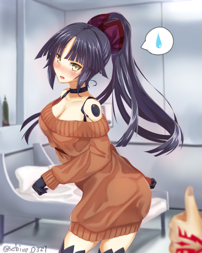 1girl black_hair blush breasts choker cleavage command_spell dress fate/grand_order fate_(series) gloves highres katou_danzou_(fate/grand_order) long_hair looking_at_viewer open_mouth ponytail pov pov_hands robot_joints sebire solo_focus spoken_sweatdrop sweatdrop sweater sweater_dress thigh-highs thumbs_up twitter_username yellow_eyes