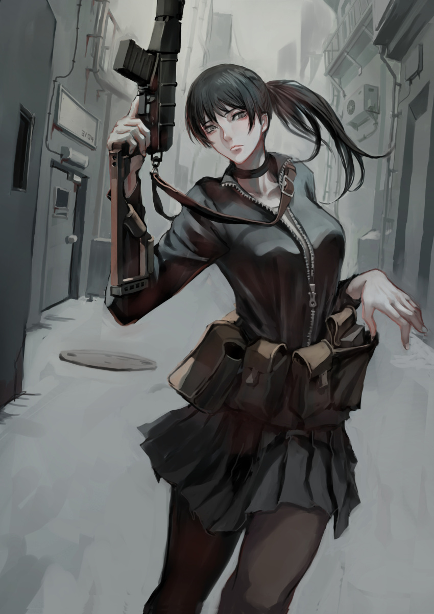 1girl air_conditioner assault_rifle black_hair black_skirt choker grey_eyes gun highres jacket jittsu manhole_cover military original pantyhose partially_unzipped ponytail rifle skirt sling tactical_clothes trigger_discipline weapon weapon_request