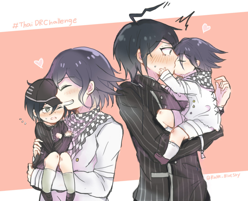 /\/\/\ 4boys :d ^_^ ^o^ baseball_cap black_footwear blush checkered_neckwear child closed_eyes cravat dangan_ronpa dual_persona eyebrows_visible_through_hair eyes_visible_through_hair flying_sweatdrops gakuran grey_legwear grin hair_between_eyes hand_on_another's_cheek hand_on_another's_face hat heart highres kiss kneehighs long_sleeves male_focus motion_lines multiple_boys new_dangan_ronpa_v3 open_mouth ouma_kokichi person_carrying profile purple_footwear rinne_bluesky saihara_shuuichi school_uniform shoes smile straitjacket striped teeth twitter_username two-tone_background upper_body vertical_stripes white_legwear wilted_ahoge younger