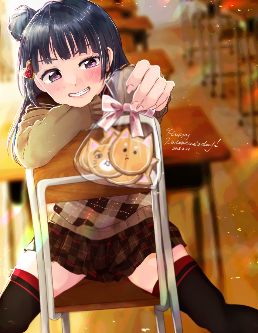 1girl bangs black_hair blue_hair blurry blush brown_sweater classroom commentary_request cookie dated depth_of_field food gift_bag grin hair_ornament happy_valentine heart_hair_ornament highres holding_bag incoming_gift long_hair love_live! love_live!_school_idol_festival love_live!_school_idol_project miniskirt misa_1038 plaid plaid_skirt pleated_skirt sailor_collar school_uniform side_bun sitting sitting_backwards skirt smile solo thigh-highs tsushima_yoshiko valentine violet_eyes