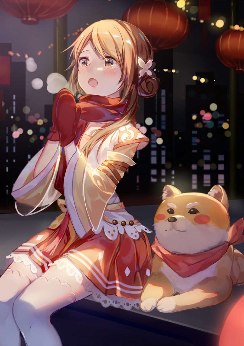 1girl blush breath brown_eyes brown_hair coat commentary_request dog gloves hair_ornament hairclip highres open_mouth original outdoors red_gloves scarf shiba_inu sitting snow snowing thigh-highs white_legwear you_hashira