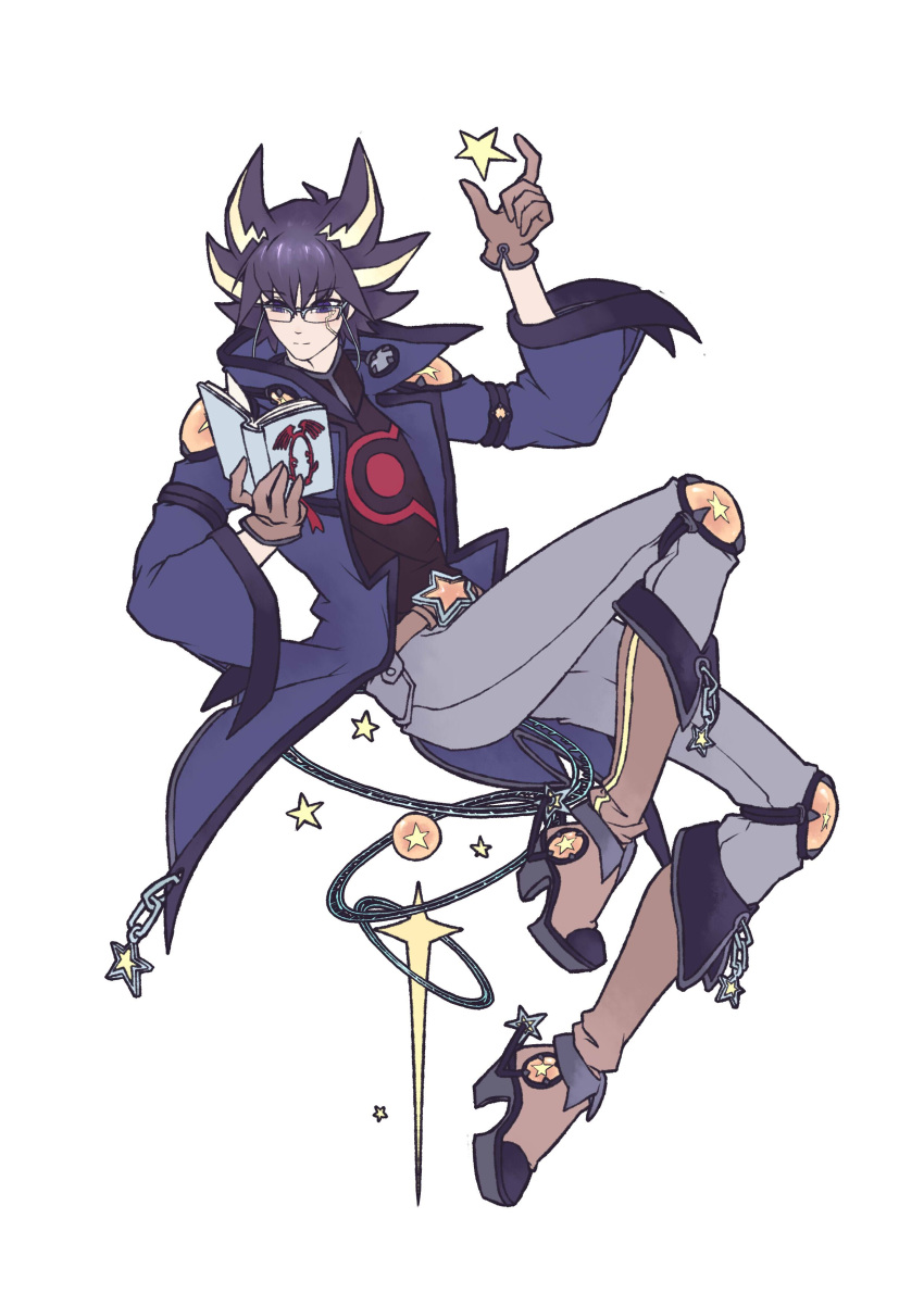 1boy absurdres akumashin black_hair boots brown_footwear brown_gloves cowboy_boots fudou_yuusei full_body glasses gloves highres reading spiky_hair spurs star violet_eyes wide_sleeves yu-gi-oh! yuu-gi-ou_5d's