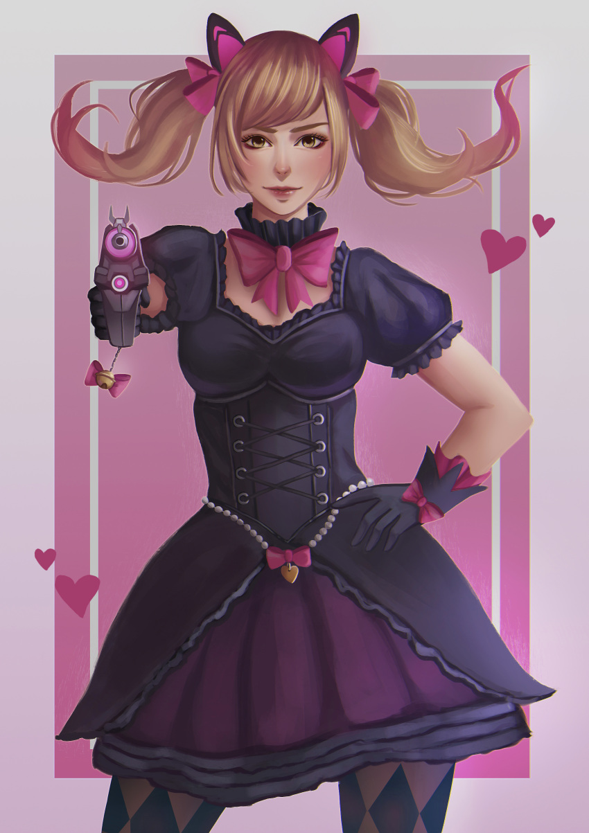 1girl absurdres aiming_at_viewer alternate_costume animal_ears argyle argyle_legwear black_cat_d.va black_dress black_gloves blonde_hair bow breasts cat_ears charm_(object) corset d.va_(overwatch) detached_collar dress gloves gun hand_on_hip handgun heart highres lips lolita_fashion looking_at_viewer medium_breasts overwatch pink_bow pistol puffy_short_sleeves puffy_sleeves shiro-hane short_sleeves solo twintails weapon