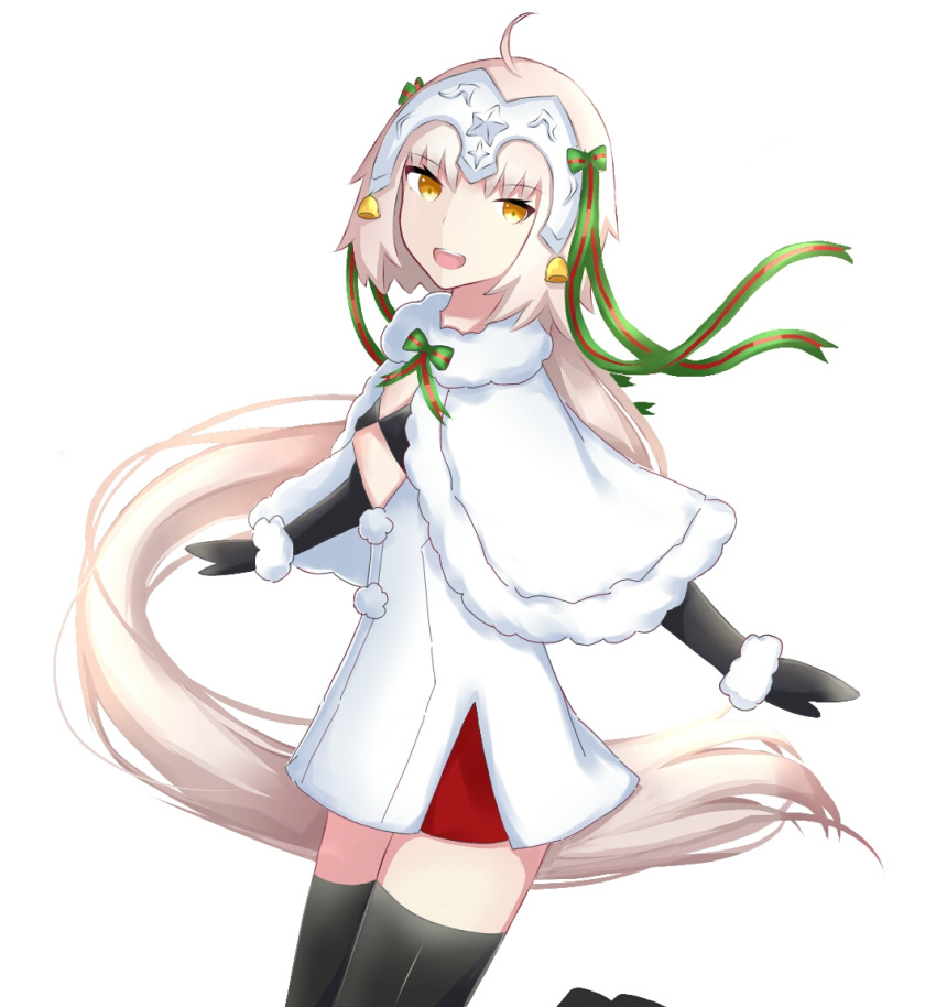 1girl :d absurdly_long_hair ahoge artist_name bangs bell bikini_top black_bikini_top black_gloves black_legwear bow capelet dress dutch_angle elbow_gloves eyebrows_visible_through_hair fate/grand_order fate_(series) fur-trimmed_capelet fur_trim gloves green_bow green_ribbon hair_bow headpiece jeanne_d'arc_(fate)_(all) jeanne_d'arc_alter_santa_lily light_brown_hair long_hair looking_at_viewer looking_to_the_side open_mouth pleated_dress ribbon rocm_(nkkf3785) short_dress simple_background smile solo striped striped_bow striped_ribbon thigh-highs upper_teeth very_long_hair white_background white_capelet white_dress yellow_eyes