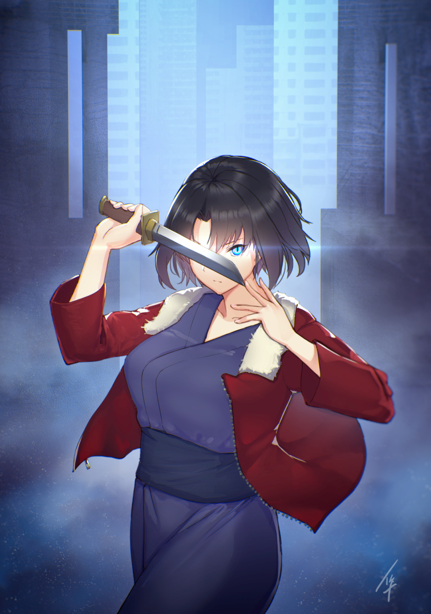 1girl arms_up bangs black_hair blue_eyes breasts cityscape closed_mouth cowboy_shot dagger fur-trimmed_jacket fur_trim glowing glowing_eye hayabusa highres holding holding_weapon jacket japanese_clothes kara_no_kyoukai kimono long_sleeves looking_at_viewer medium_breasts parted_bangs purple_kimono red_jacket ryougi_shiki sash serious shiny shiny_hair short_hair signature solo standing unzipped weapon zipper zipper_pull_tab