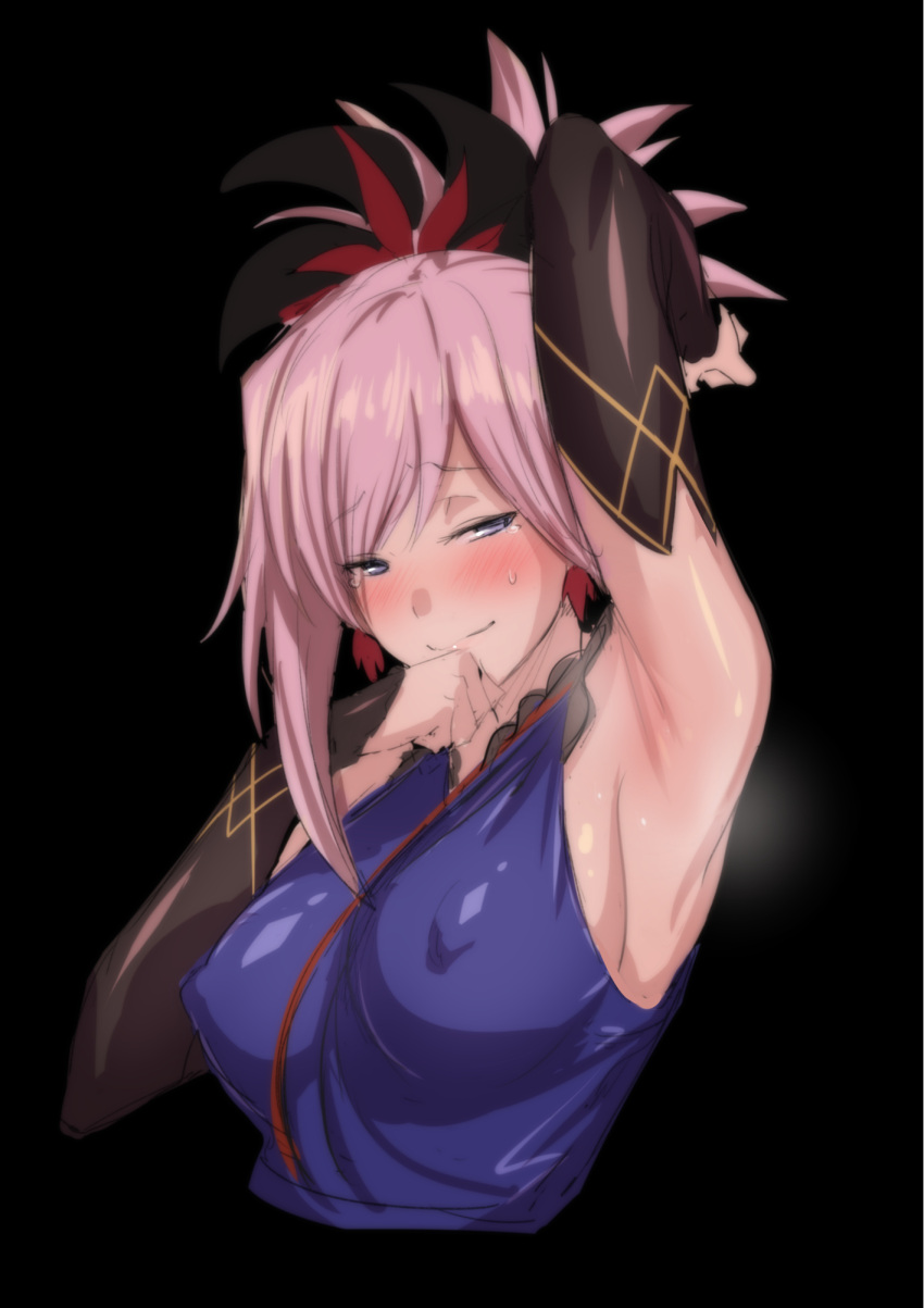 1girl arm_up armpits asymmetrical_hair bangs bare_shoulders black_background blue_eyes blue_kimono blush breasts bridal_gauntlets commentary_request earrings erect_nipples fate/grand_order fate_(series) hair_ornament hand_behind_head highres japanese_clothes jewelry kimono large_breasts miyamoto_musashi_(fate/grand_order) pink_hair ponytail sideboob simple_background sleeveless sleeveless_kimono smile solo steaming_body sweatdrop swept_bangs tearing_up ulrich_(tagaragakuin) upper_body
