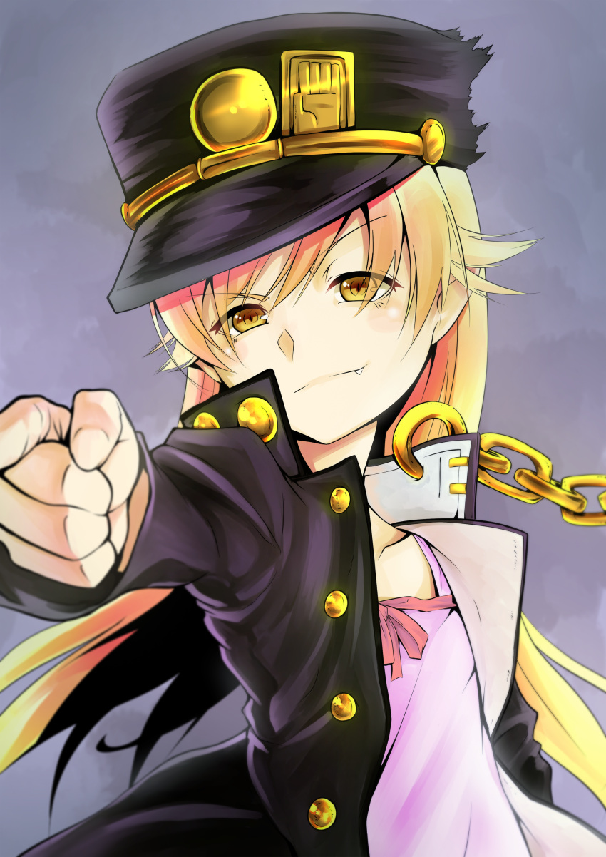 1girl absurdres blonde_hair chains commentary cosplay fang fang_out hat highres jojo_no_kimyou_na_bouken kuujou_joutarou kuujou_joutarou_(cosplay) long_hair monogatari_(series) oshino_shinobu pirohiponotic pointing pointing_at_viewer solo upper_body yellow_eyes