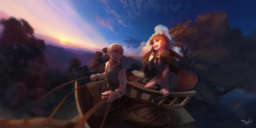 1boy 1girl absurdres animal_ears apple blurry cart clouds craft_lawrence dark doujiang_rr fangs fisheye flower food fruit grey_eyes highres holo horizon jacket_on_shoulders long_hair looking_at_another looking_back mountain open_mouth orange_hair red_eyes reins short_hair silver_hair sky smile spice_and_wolf sunrise tail tree vest wolf_ears wolf_tail
