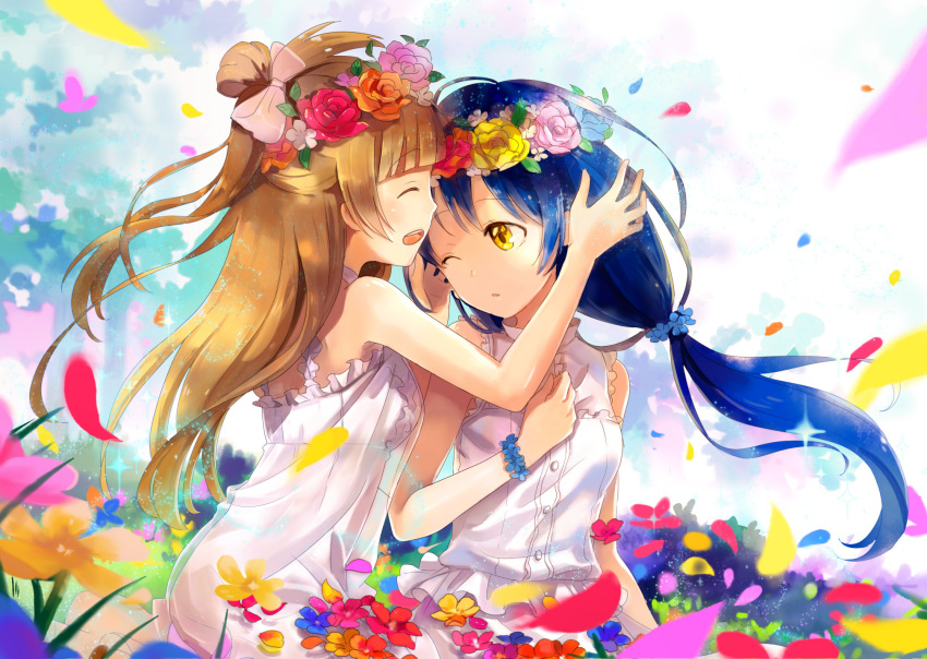 2girls alternate_hairstyle bangs bare_shoulders blue_hair blush commentary dress eyebrows_visible_through_hair flower grey_hair hair_flower hair_ornament hair_ribbon hand_on_own_chest head_wreath highres kotori long_hair love_live! love_live!_school_idol_festival love_live!_school_idol_project low_ponytail minami_kotori multiple_girls one_eye_closed one_side_up open_mouth outdoors petals ribbon sd_pink sitting sleeveless sleeveless_dress smile sonoda sonoda_umi sundress white_dress yellow_eyes