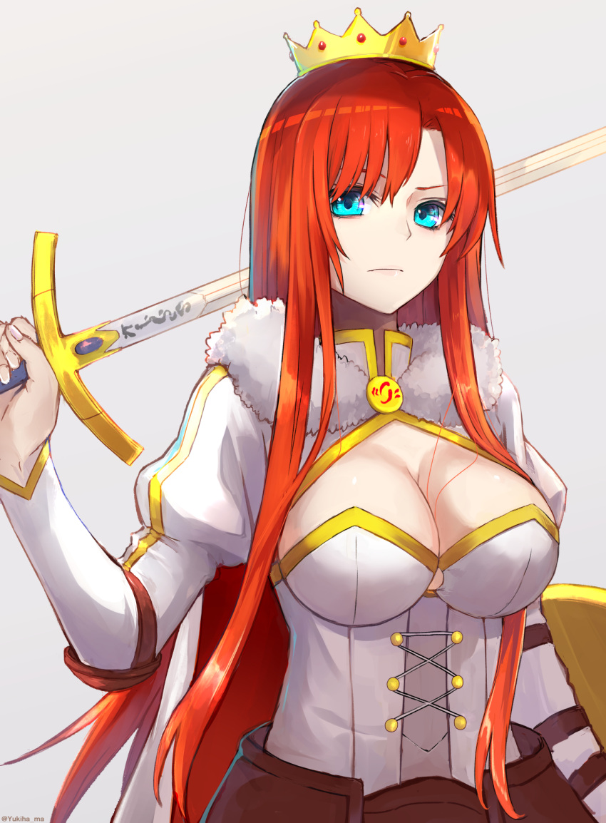 1girl bangs between_breasts blue_eyes boudica_(fate/grand_order) breasts cape cleavage cleavage_cutout closed_mouth commentary_request corset crown elbow_pads fate/grand_order fate_(series) faulds fingernails fur_collar grey_background hair_between_breasts hair_between_eyes highres holding holding_sword holding_weapon juliet_sleeves large_breasts long_hair long_sleeves looking_at_viewer o-ring_top over_shoulder parted_bangs puffy_sleeves red_cape redhead serious shield shiny shiny_hair shrug_(clothing) sidelocks simple_background solo standing sword sword_over_shoulder twitter_username underbust weapon weapon_over_shoulder white_cape yukihama