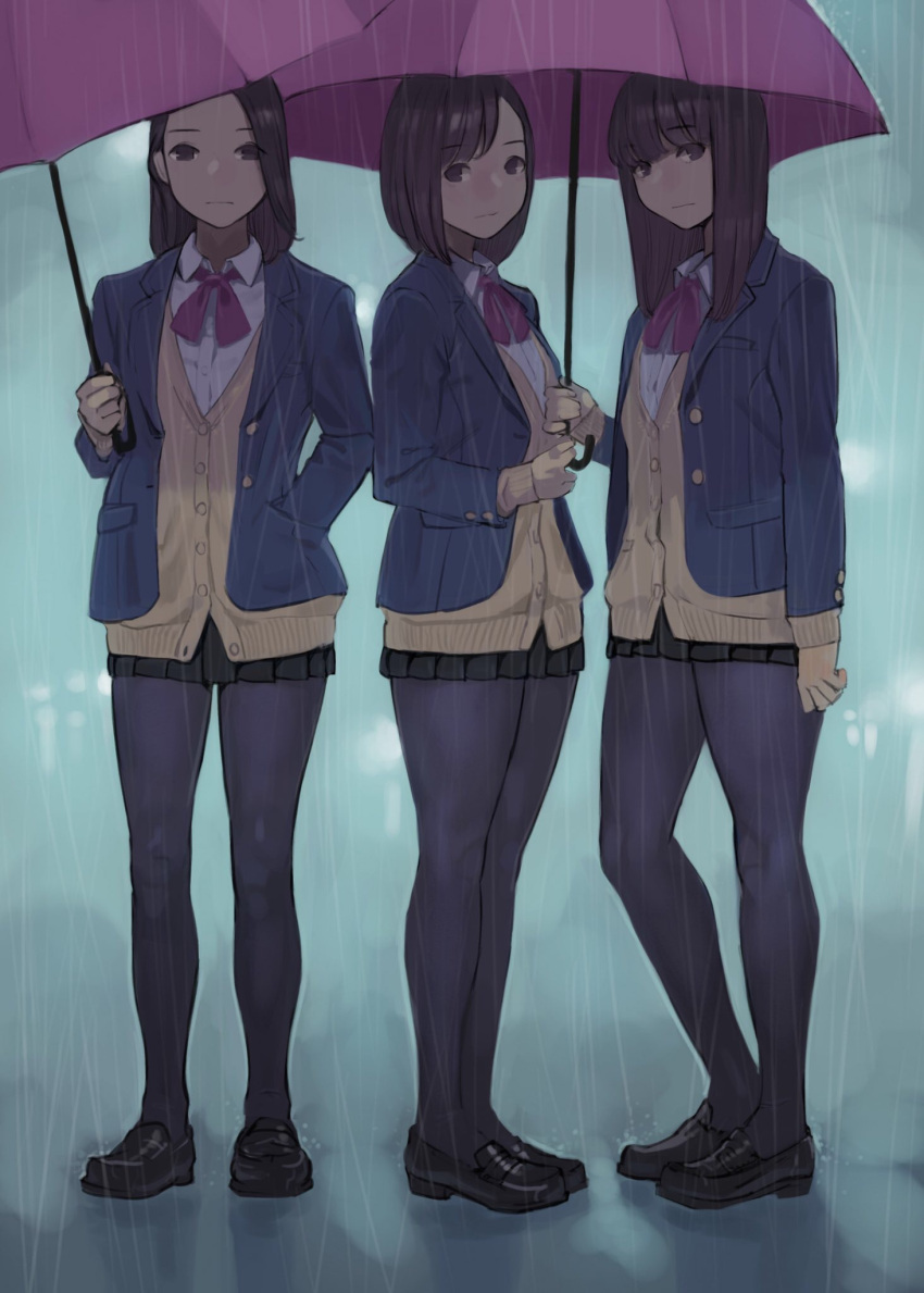 3girls arm_at_side bangs black_footwear black_skirt blazer blue_jacket blunt_bangs brown_eyes brown_hair closed_mouth collared_shirt expressionless forehead full_body gloves hand_in_pocket highres holding holding_umbrella jacket loafers long_hair long_sleeves looking_at_viewer miniskirt multiple_girls neck_ribbon open_blazer open_clothes open_jacket original pantyhose pleated_skirt pocket purple_neckwear purple_ribbon rain ribbon school_uniform shirt shoes short_hair skirt standing umbrella unbuttoned water wing_collar yellow_gloves yomu_(sgt_epper)